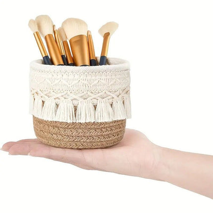 Khaki Boho Cotton Rope Tassel Storage Baskets – Set of 2 Round Woven Organizers for Makeup Brushes & Desktop Essentials (12cm Diameter)