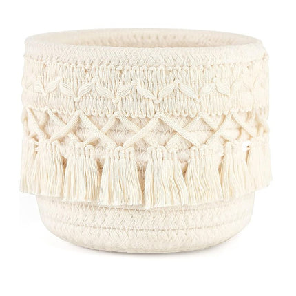 Beige Boho Cotton Rope Tassel Storage Baskets – Set of 2 Round Woven Organizers for Makeup Brushes & Desktop Essentials (12cm Diameter)