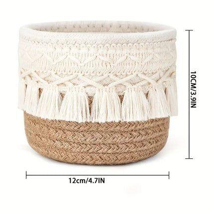Beige Boho Cotton Rope Tassel Storage Baskets – Set of 2 Round Woven Organizers for Makeup Brushes & Desktop Essentials (12cm Diameter)
