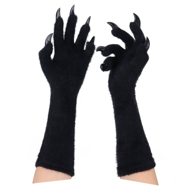 1 Pair Black Realistic Long Claw Gloves – Halloween Costume Beast Paw Prop with Resin Nails