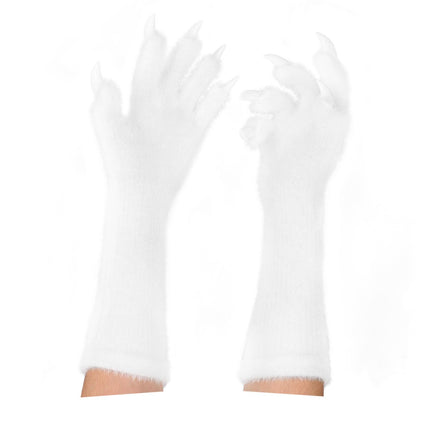 1 Pair White Realistic Long Claw Gloves – Halloween Costume Beast Paw Prop with Resin Nails