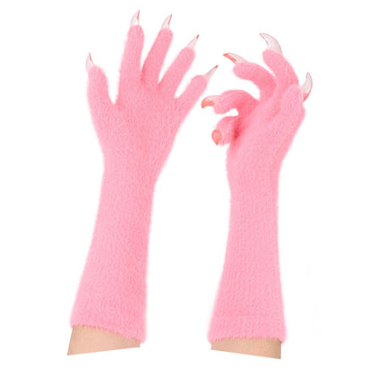 1 Pair Pink Realistic Long Claw Gloves – Halloween Costume Beast Paw Prop with Resin Nails