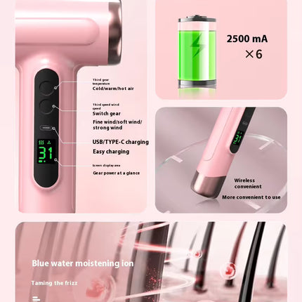 Gray wireless Hair Dryer with Cold & Hot Air, Portable Large-Capacity Rechargeable Ionic Dryer, Fast-Drying, Lightweight and Compact for Home and Travel
