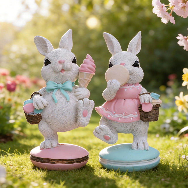 White Cute Resin Bunny Figurines Set of 2 in Pastel Colors for Home Office Desk or Shelf Decoration