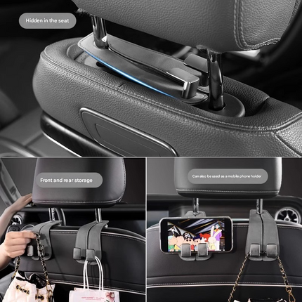 Grey 4-Pack Car Seat Back Hooks – Hidden Suede Leather with Metal Hooks for Storage and Phone Stand