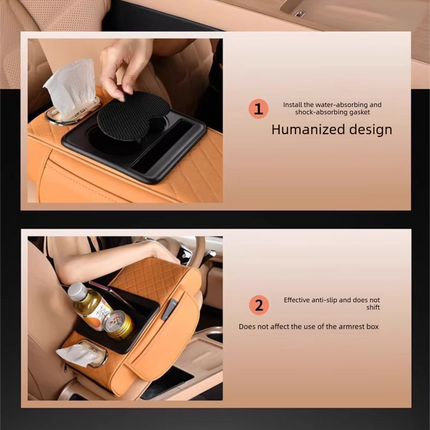 Coffee color Car Central Armrest Box Raiser Pad with Cup Holder, Tissue Box & Phone Storage – 4-in-1 Multi-Functional Design