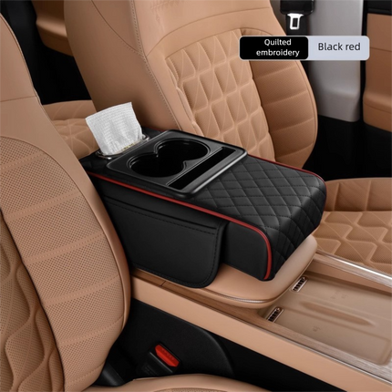 Black and red Car Central Armrest Box Raiser Pad with Cup Holder, Tissue Box & Phone Storage – 4-in-1 Multi-Functional Design