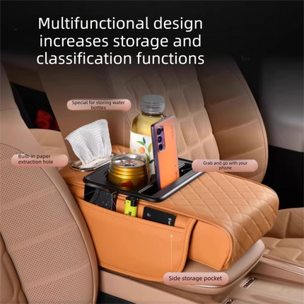 Yellow Car Central Armrest Box Raiser Pad with Cup Holder, Tissue Box & Phone Storage – 4-in-1 Multi-Functional Design