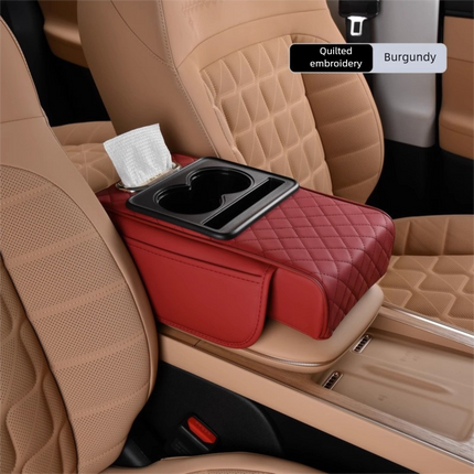 Wine red Car Central Armrest Box Raiser Pad with Cup Holder, Tissue Box & Phone Storage – 4-in-1 Multi-Functional Design