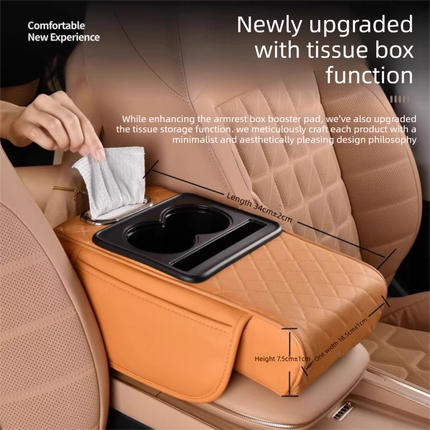 Wine red Car Central Armrest Box Raiser Pad with Cup Holder, Tissue Box & Phone Storage – 4-in-1 Multi-Functional Design