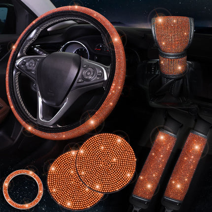 Orange 7-Piece Car Interior Decoration Set – Crystal Rhinestone Steering Wheel Cover, Gear Shift Cover, Seat Belt Pads, Cup Coasters & Ignition Switch Cover