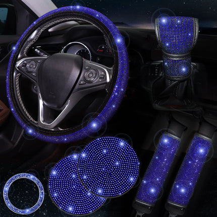 Blue 7-Piece Car Interior Decoration Set – Crystal Rhinestone Steering Wheel Cover, Gear Shift Cover, Seat Belt Pads, Cup Coasters & Ignition Switch Cover