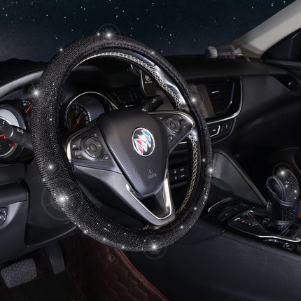 Black 7-Piece Car Interior Decoration Set – Crystal Rhinestone Steering Wheel Cover, Gear Shift Cover, Seat Belt Pads, Cup Coasters & Ignition Switch Cover