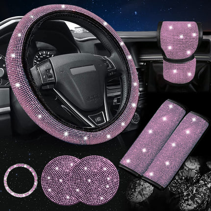 Pink 7-Piece Car Interior Decoration Set – Crystal Rhinestone Steering Wheel Cover, Gear Shift Cover, Seat Belt Pads, Cup Coasters & Ignition Switch Cover