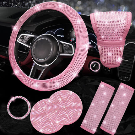 All pink 7-Piece Car Interior Decoration Set – Crystal Rhinestone Steering Wheel Cover, Gear Shift Cover, Seat Belt Pads, Cup Coasters & Ignition Switch Cover
