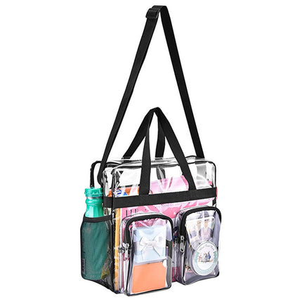 Black Clear Multi-Pocket Tote Bag – Waterproof & Organized Carryall with Front Zipper Pockets and Adjustable Strap