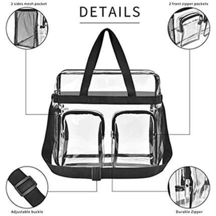 Black Clear Multi-Pocket Tote Bag – Waterproof & Organized Carryall with Front Zipper Pockets and Adjustable Strap