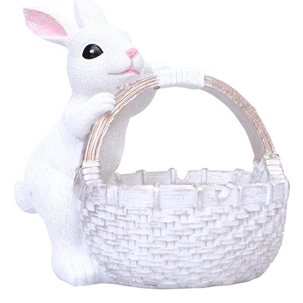 White Easter Rabbit Resin Decor with Basket – Festive Home Ornament for Spring and Holiday Display
