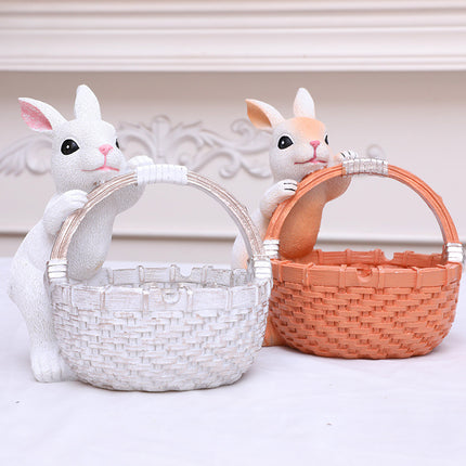 White Easter Rabbit Resin Decor with Basket – Festive Home Ornament for Spring and Holiday Display