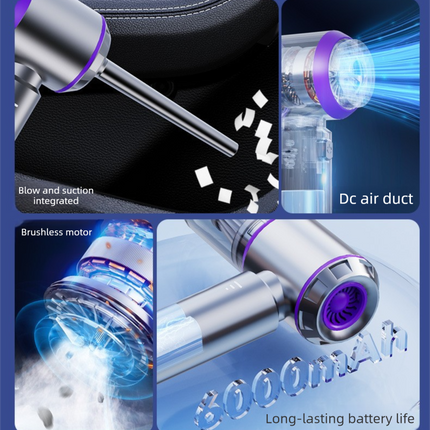 Silvery-purple Wireless Handheld Vacuum Cleaner with Blow, Suck, Inflate, and Pump Functions – Brushless Motor, Type-C Charging, 6000mAh Battery