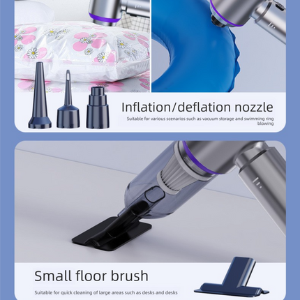 Silvery-purple Wireless Handheld Vacuum Cleaner with Blow, Suck, Inflate, and Pump Functions – Brushless Motor, Type-C Charging, 6000mAh Battery
