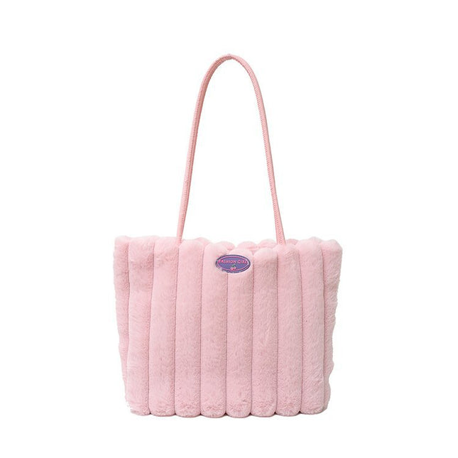 Pink Faux Fur Tote Bag with Large Capacity Soft Plush Material & Adjustable Handle Stylish