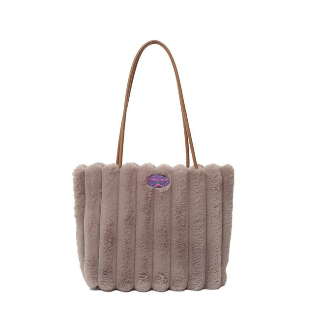 Coffee color Faux Fur Tote Bag with Large Capacity Soft Plush Material & Adjustable Handle
