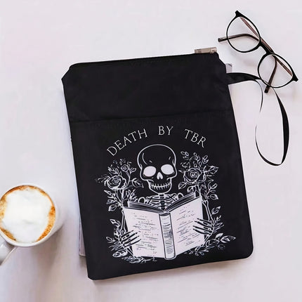 Black skull Zippered Book Sleeve with Printed Design – Waterproof Protective Cover for Books, Ideal for Readers and Students with Extra Pocket & Carry Strap