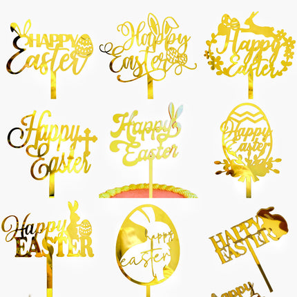 10-Piece Set of Elegant Easter Cake Toppers – Gold Acrylic "Happy Easter" Decorations with Bunny & Egg Designs, Perfect for Party Cakes and Festive Table Settings(Style 2)