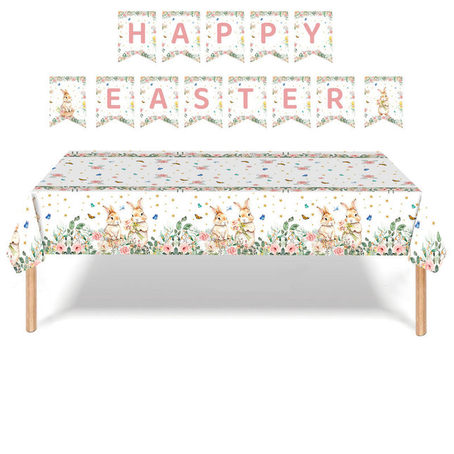 Easter Party Decoration Set – Floral Bunny Tablecloth 137x274cm + Happy Easter Banner, Spring-Themed Decor for Festive Gatherings
