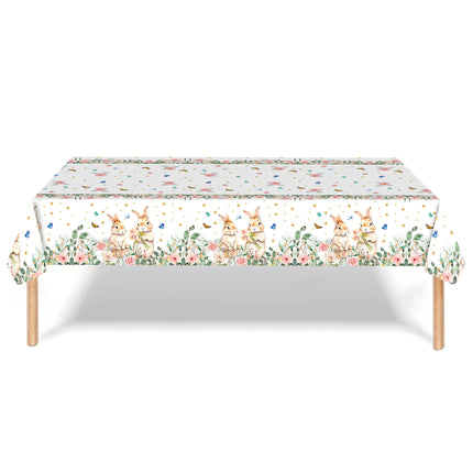 Easter Party Decoration Set – Floral Bunny Tablecloth 137x274cm + Happy Easter Banner, Spring-Themed Decor for Festive Gatherings