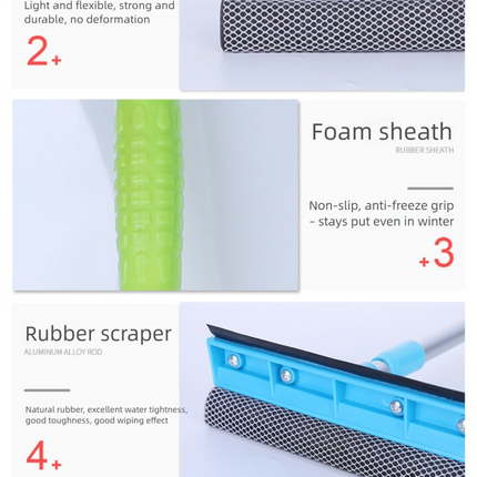Green Home Window Cleaner Adjustable Aluminum Alloy Glass Scraper with Dual-Sided Sponge and Rubber Blade – design and finish