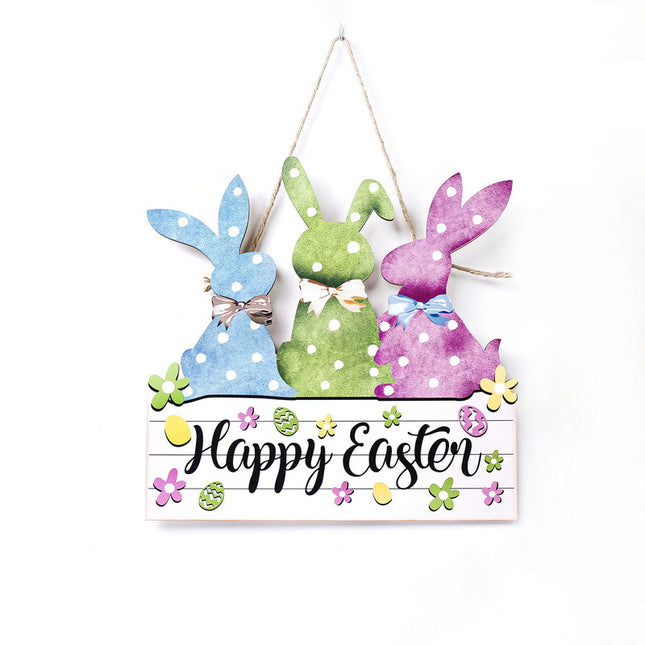 Colorful 2-Pack Easter Bunny Wooden Sign Colorful Wooden Hanging Decor with Happy Easter Text Spring Door