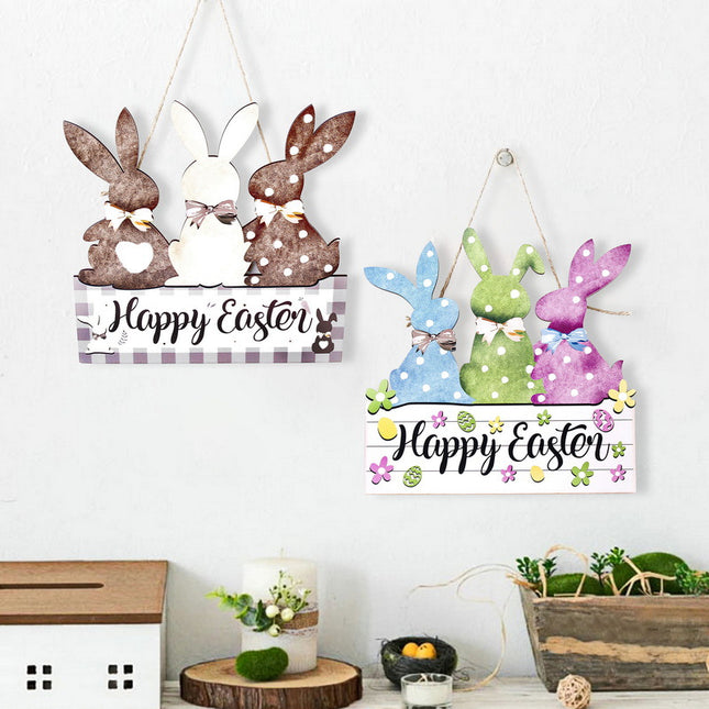 Colorful 2-Pack Easter Bunny Wooden Sign Colorful Wooden Hanging Decor with Happy Easter Text Spring Door – product detail