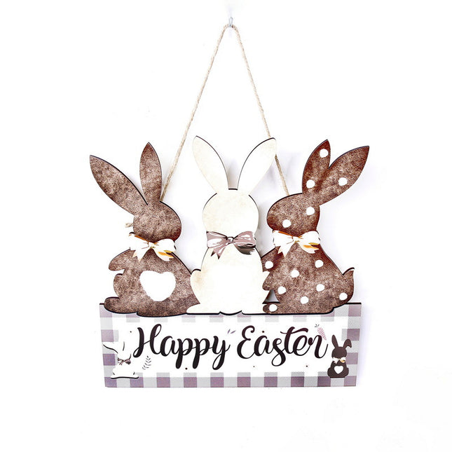 Coffee color 2-Pack Easter Bunny Wooden Sign Colorful Wooden Hanging Decor with Happy Easter Text Spring