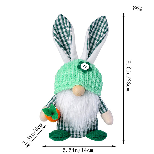 Green Easter Plush Bunny Gnome Figurine Decorative Doll with Long Hair and Checkered Ears for Home Display