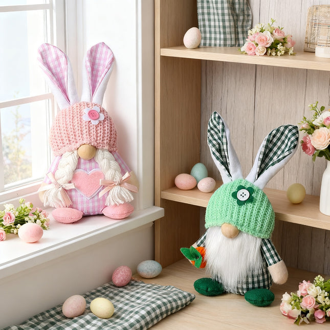 Green Easter Plush Bunny Gnome Figurine Decorative Doll with Long Hair and Checkered Ears for Home Display – product detail