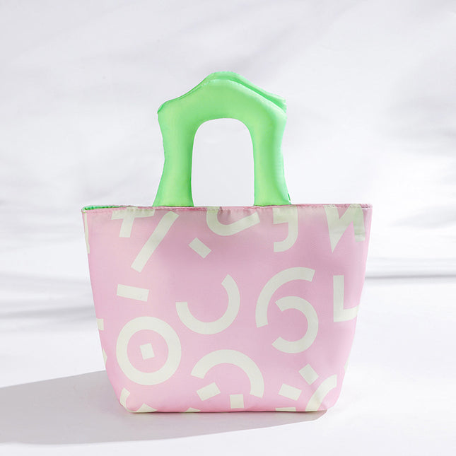 Pink Insulated Lunch Bag Multi-Color Printed Tote with Padded Handle for Students & Office Workers