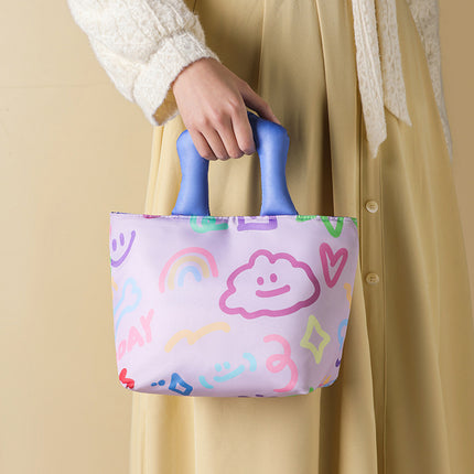 Pink Insulated Lunch Bag – Multi-Color Printed Tote with Padded Handle for Students & Office Workers