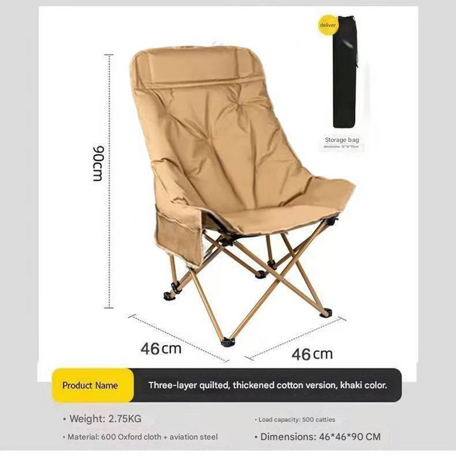 Khaki Fixed High-Back Folding Chair 46cm Wide Seat 90cm Height 250kg Load Capacity with Carry Bag
