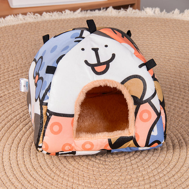 Cartoon cat Soft Shelter for Small Mammals Hanging & Floor Use Waterproof Surface Easy Clean(Size M)