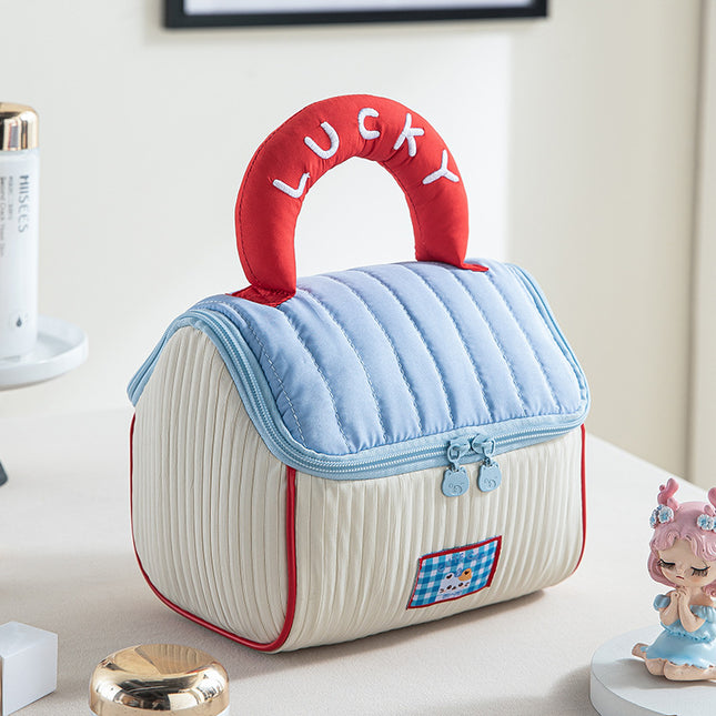 Red and blue Large Capacity Cosmetic Bag Quilted Design with Dual-Zipper and Soft Handle for Travel & Daily