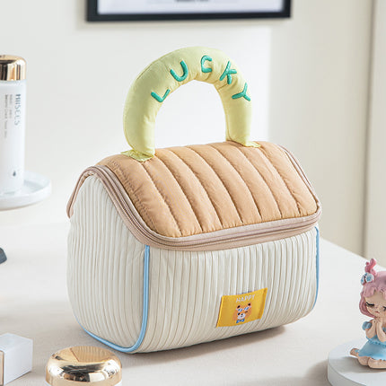 Coffee color and yellow Large Capacity Cosmetic Bag – Quilted Design with Dual-Zipper and Soft Handle for Travel & Daily Use