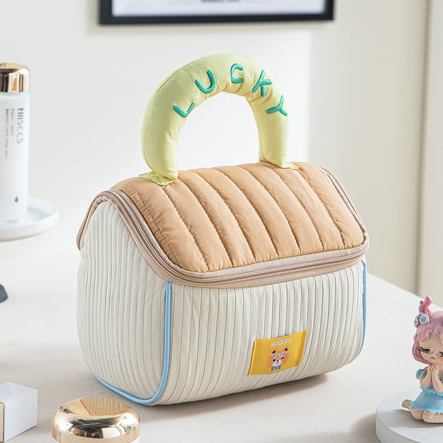 Coffee color and yellow Large Capacity Cosmetic Bag Quilted Design with Dual-Zipper and Soft Handle for