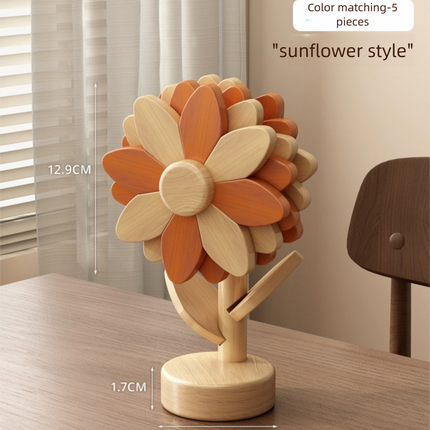5-Piece Floral-Shaped Trivet Set with Stand – Wooden Heat Resistant Pad for Table, Dish, Pot or Cup(Warm orange and beech wood two-tone)