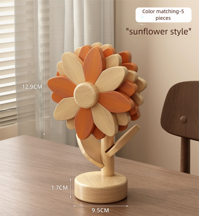 5-Piece Floral-Shaped Trivet Set with Stand Wooden Heat Resistant Pad for Table Dish Pot or Cup(Warm orange