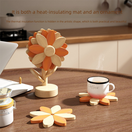 5-Piece Floral-Shaped Trivet Set with Stand – Wooden Heat Resistant Pad for Table, Dish, Pot or Cup(Warm orange and beech wood two-tone)