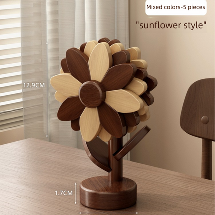 5-Piece Floral-Shaped Trivet Set with Stand – Wooden Heat Resistant Pad for Table, Dish, Pot or Cup(Walnut and beech two-tone)