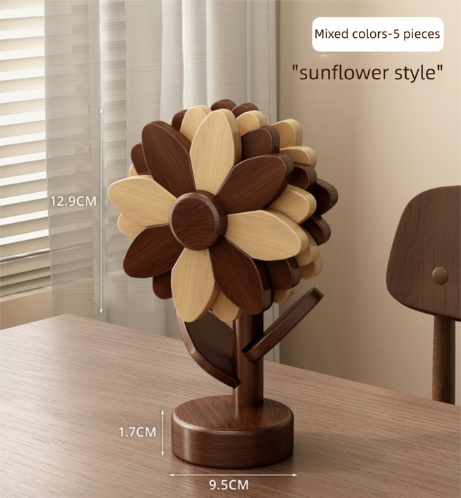 5-Piece Floral-Shaped Trivet Set with Stand Wooden Heat Resistant Pad for Table Dish Pot or Cup(Walnut and