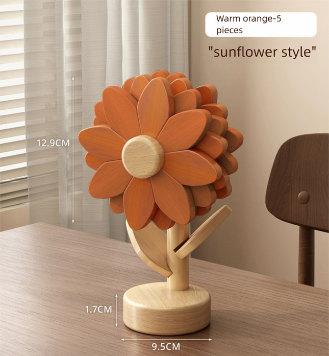 5-Piece Floral-Shaped Trivet Set with Stand Wooden Heat Resistant Pad for Table Dish Pot or Cup(Warm orange
